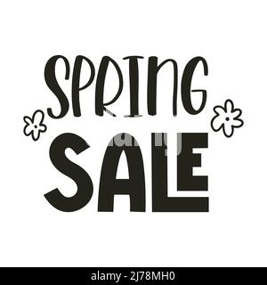 Frühlingsangebot. Handschriftzug mit Doodle-Blüten. Kartenvorlage, handgeschriebener Satz für Grußkarten, Poster, Medien. Schwarz-Weiß-Vektor illustrr Stock Vektor