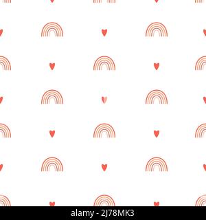 Nahtloses Muster mit schlichten Regenbögen und Herzen. Der einfache minimalistische Hintergrund eignet sich perfekt zum Einwickeln von Papier, Kindertextilien. Vektor-Isolat Stock Vektor