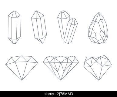 Ein Set aus Kristallen, Diamanten, Quarz, Edelsteinen. Umreißen Sie dekorative Elemente. Vektorgrafiken isoliert auf weißem Hintergrund. Stock Vektor