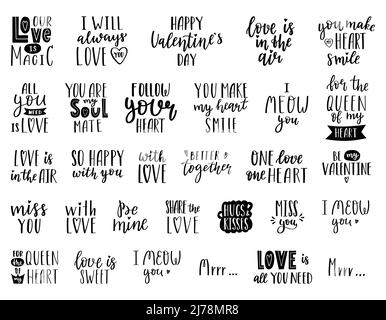Handgeschriebene Wörter und Sätze für die Gestaltung von Valentinskarten. Handbeschriftetem Text. Schwarz-Weiß-handgezeichnete Vektorsilhouetten isoliert Stock Vektor