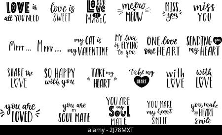 Handgeschriebene Wörter und Sätze für die Gestaltung von Valentinskarten. Handbeschriftetem Text. Schwarz-Weiß-handgezeichnete Vektorsilhouetten isoliert Stock Vektor