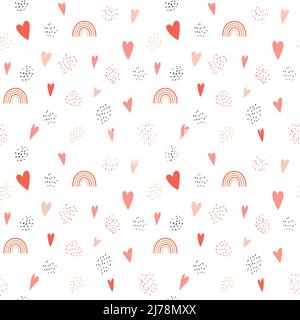 Nahtloses Muster mit einfachen Regenbögen, Herzen, Texturpunkten, Punkten. Der einfache minimalistische Hintergrund eignet sich perfekt zum Einwickeln von Papier, Kindertexten Stock Vektor