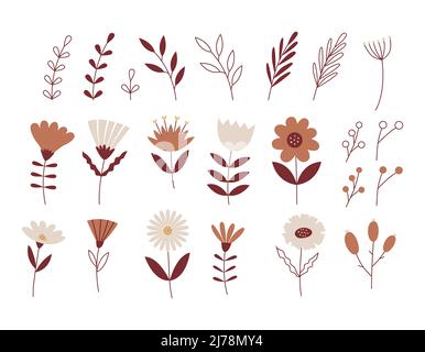 Eine Reihe von einfachen Blumen, Zweigen, Blättern. Neutrale Beige-Farben. Botanische Vektor-Illustrationen isoliert auf weißem Hintergrund Stock Vektor
