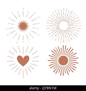 Eine Reihe von verschiedenen Sonnen mit Strahlen. Boho himmlische Elemente. Vektorgrafiken isoliert auf weißem Hintergrund Stock Vektor