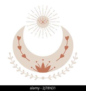 Boho, himmlisches Element. Ein Halbmond mit Zweigen, der Sonne und einem offenen Auge. Ein mystisches, esoterisches, geheimnisvolles Symbol. Vektor dekorative Eeme Stock Vektor