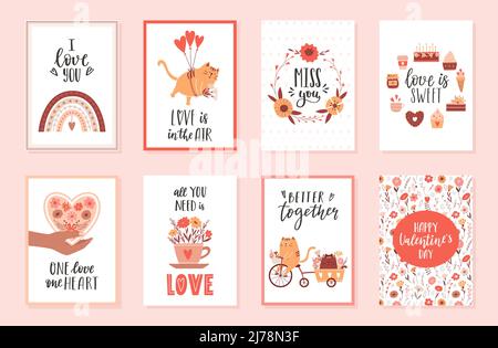 Postkarten, Poster zum Valentinstag mit handgeschriebenen Schriftzügen und Boho-Regenbogen, Katzen, Süßspeisen, Herz, Blumenkranz. Niedliche Vect Stock Vektor