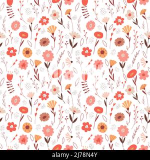 Nahtloses Muster mit einfachen, floralen, botanischen, Elementen, Blumen, Zweige, Blätter. Handgezeichnete Farbvektorabbildungen auf weißem Hintergrund. Perfekte Stock Vektor