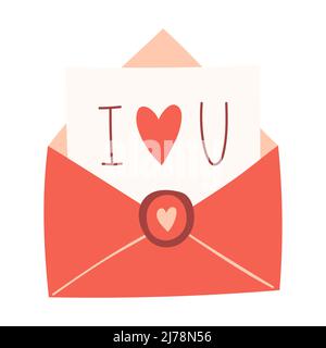 Ein offener Umschlag mit einem Brief und den Worten - Ich liebe dich. Ein valentinstag, eine Liebesbotschaft. Dekoratives Element für Valentinskarten. Farbvektor Abb. Stock Vektor