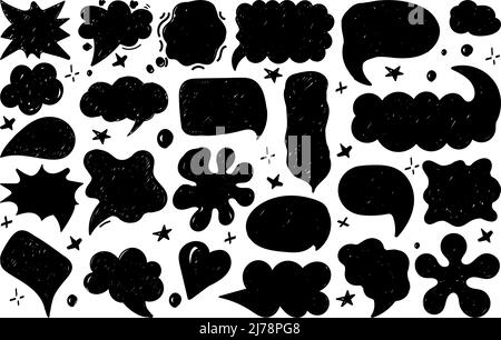 Eine Reihe von Sprechblasen mit handgezeichneten Dialogwörtern im Doodle-Stil. Verschiedene Formen der Rede für Comic-Figuren. Schwarze Silhouetten auf einem WH Stock Vektor