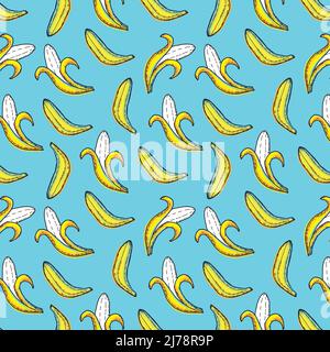 Nahtloses Muster von Bananen ganz und offen. Flacher Style. Verschiedene gelbe Bananen. Blau-gelbe Palette. Geeignet für helle Stoffe, Papier und Tapeten Stock Vektor