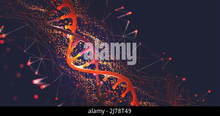 DNA-Helix 3D-Abbildung. Mutationen unter dem Mikroskop. Entschlüsselung des Genoms. Virtuelle Modellierung chemischer Prozesse. Hightech in der Medizin Stockfoto
