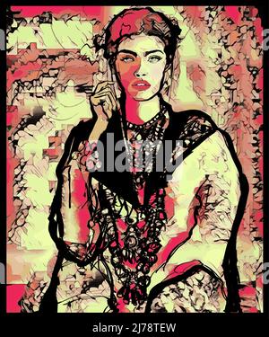 Porträt einer schönen Frau, originelle abstrakte Komposition in rot und gelb - Vektor-Illustration (ideal für den Druck auf Stoff oder Papier, Poster oder Stock Vektor