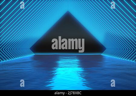 Korridor aus blauen Neonlinien über dem Wasser. 3D Rendern Stockfoto