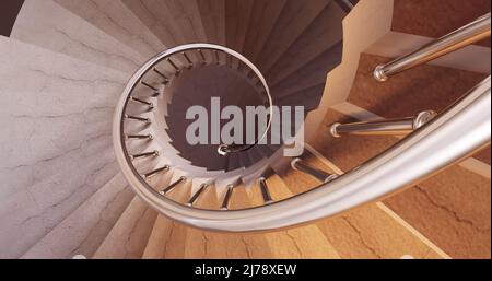 Abstraktes Detail einer Wendeltreppe mit silbernen Handläufen. Luxuriöser abstrakter architektonischer minimalistischer Hintergrund. 3D Illustration und Rendering. Stockfoto