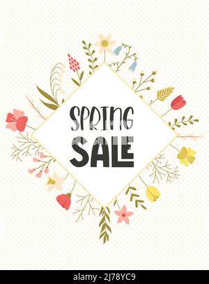Eine Karte mit einem diamantförmigen Rahmen mit Frühlingsblumen, Narzissen, Tulpen, Zweigen, Kräutern und Blättern und einem handgezeichneten Satz - Frühlingsverkauf. Farbe flach c Stock Vektor