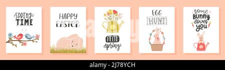 Ein Satz von Ostern, Frühlingskarten mit handgeschriebenen Schriftzügen, niedlichen Kaninchen, Blumen, Vögeln. Frohe Ostern, Frühling. Vektorgrafik Stock Vektor