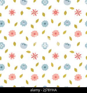 Nahtloses Muster mit von Hand gezeichneten schlichten, frühlingshaften, rosa und blauen Blüten und Blättern. Ein einfacher Hintergrund für das Einpacken von Papier, Heim- und Kindertextilien Stock Vektor