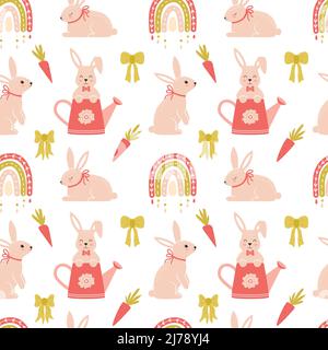 Nahtloses Muster mit niedlichen Hasen, Boho-Regenbogen, Karotten und Schleifen. Comic-Kaninchen-Figuren. Ideal für Babytextilien, Babykleidung, Geschenkpapier. Vec Stock Vektor