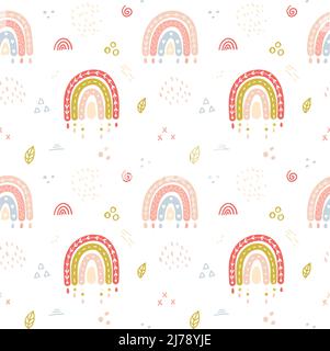 Nahtloses Muster mit handgezeichneten niedlichen Boho-Regenbögen in Pastellfarben und mit strukturellem Touch. Ideal für Kindertextilien, Tapeten, Babykleidung Stock Vektor