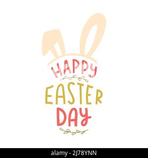 Frohe Ostern. Handschriftzug mit Weide- und Hasenohren. Kartenvorlage, handgeschriebener Ausdruck für Grußkarten, Poster, Geschenkanhänger. Pastellfarben Stock Vektor