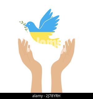 Erhobene menschliche Hände, die eine Taube freiließen, ein Symbol des Friedens. Ein fliegender Vogel des Friedens in den Farben der blauen und gelben ukrainischen Flagge. Farbabbildung Stock Vektor