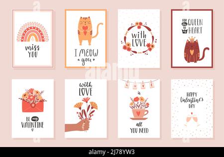 Ein Set aus Karten, Plakaten zum Valentinstag mit handgeschriebenen Schriftzügen und einem Boho-Regenbogen, Katzen, Blumenkränzen, einem Umschlag und einer Tasse mit fl Stock Vektor