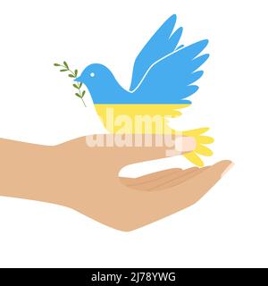 Eine menschliche Hand, die eine Taube in den Farben der ukrainischen Flagge hält. Symbol des Friedens. Vogel, der den Zweig im Schnabel hält. Krieg beenden. Farbabbildung in einer flachen s Stock Vektor