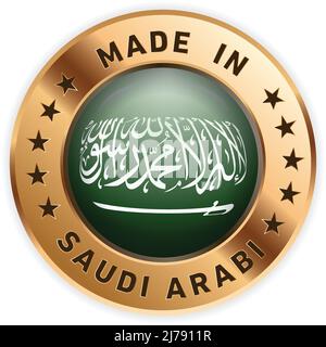 Hergestellt in Saudi-Arabien, Saudi-Produkt goldenes Etikett mit Flagge Stock Vektor