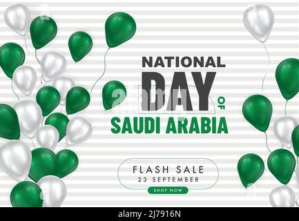 Verkaufsbanner zum Nationalfeiertag Saudi-Arabiens. 3D realistische, glänzende grüne und weiße Ballons mit Text im Rahmen. Hintergrund mit grauem Muster. Vektor illustrr Stock Vektor
