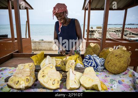 Frau, die Jackfrucht an einem Straßenstand neben dem Strand von Sao Tome in der Bucht von Ana de Chaves putzt. Stockfoto