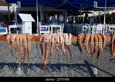 Octopus trocknet unter der Sonne in Naousa Dorf, Paros, Kykladen, Griechenland Stockfoto