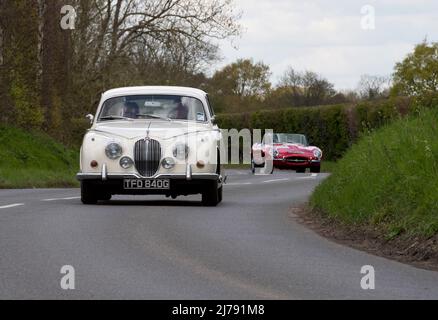 Klassische Jaguar Mk2 und E Typ 4,2 Oldtimer Stockfoto