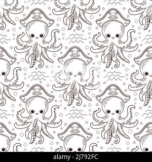 Nahtloses Muster mit Piraten-Oktopus. Schwarz und Weiß. Vektor Stock Vektor