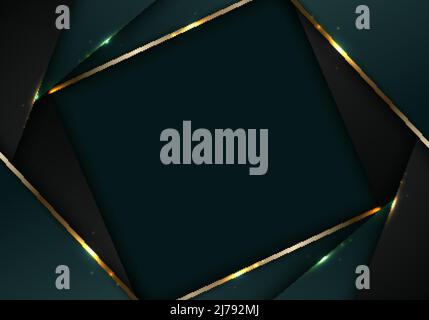 Banner Web elegante 3D abstrakte grüne und schwarze Streifen Formen mit leuchtenden goldenen diagonalen Linien auf dunklem Hintergrund Vorlage Luxus-Stil. Vect Stock Vektor