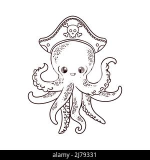 Cartoon Piraten Krake mit Flasche. Schwarz-Weiß-Vektor-Illustration für Malbuch Stock Vektor