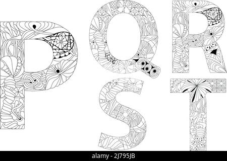 Handgemaltes Kunstdesign. Bunte handgezeichnete Illustration Alphabet für Malvorlagen. Teil 4 Stock Vektor