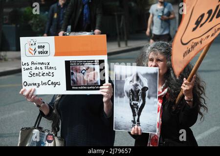 Toulouse, Frankreich, 7.. Mai 2022. Demonstranten des Vereins „eine Stimme“. Am 7. Mai 2022 fand in Toulouse (Frankreich) ein marsch statt, um die Abschaffung der Schlachthöfe zu fordern, den Tierschutz zu fördern und den Verzehr von Fleisch und Fisch zu reduzieren. Die Organisatoren (Verbände 'J'agis pour les animaux' und L214) weisen darauf hin, dass täglich nicht weniger als 164 Millionen Landtiere getötet werden und fast 3 Milliarden Wassertiere. Foto von Patrick Batard/ABACAPRESS.com Quelle: Abaca Press/Alamy Live News Stockfoto