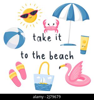 Eine quadratische Postkarte mit Strandartikeln, einer Rettungsboje, einem Sonnenschirm, Sonnencreme und den Worten - nimm sie mit zum Strand. Sommer, Strand Design Elemente. Vektor-Abb. Stock Vektor