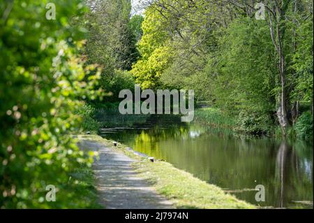 Blick auf den Treidelpfad des Montgomery-Kanals in der Frühlingssonne Stockfoto