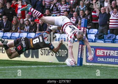 Leeds, Großbritannien. 07.. Mai 2022. Versuchen Sie Liam Farrell Wigan beim Halbfinale des Challenge Cup zwischen Wigan und St Helens am 7. Mai 2022 in der Elland Road, Leeds, England. Foto von Simon Hall. Nur zur redaktionellen Verwendung, Lizenz für kommerzielle Nutzung erforderlich. Keine Verwendung bei Wetten, Spielen oder Veröffentlichungen einzelner Clubs/Vereine/Spieler. Kredit: UK Sports Pics Ltd/Alamy Live Nachrichten Stockfoto