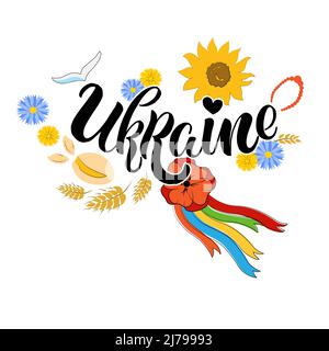 „Ukraine“-Schriftzug in ukrainisch-kyrillischen und ukrainischen nationalen Symbolen: Weizen, Sonnenblume, Brot, Mohn, Vareniki Stock Vektor