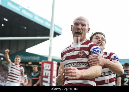 Leeds, England - 7.. Mai 2022 - Liam Farrell von Wigan Warriors feiert den Versuch. Rugby League Betfred Challenge Cup Halbfinale Wigan Warriors vs St. Helens im Elland Road Stadium, Leeds, Großbritannien Dean Williams Credit: Dean Williams/Alamy Live News Stockfoto