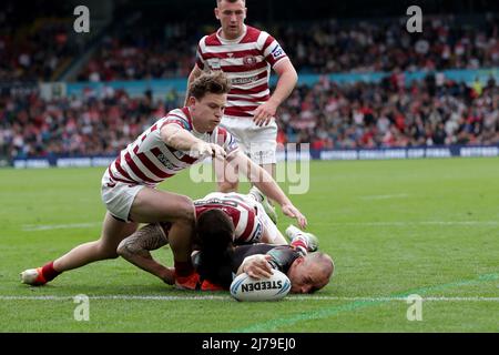 Saint Helens James Roby punktet beim Halbfinalspiel des Betfred Challenge Cup in der Elland Road, Leeds. Bilddatum: Samstag, 7. Mai 2022. Stockfoto