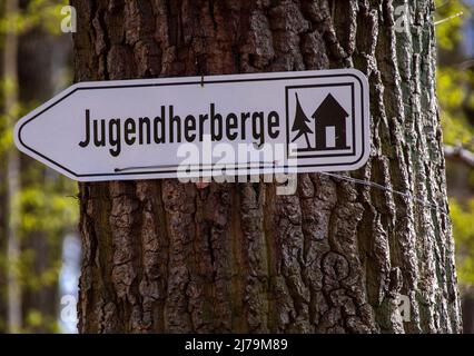 25. April 2021, Mecklenburg-Vorpommern, Schwerin: Ein Wegweiser zur Jugendherberge im Landkreis Zippendorf, direkt am Schweriner See. Foto: Jens Büttner/dpa Stockfoto