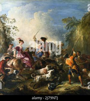 Die Wildschweinjagd des französischen Barockmalers Joseph Parrocel (1646-1704), Öl auf Leinwand, c. 1700 Stockfoto