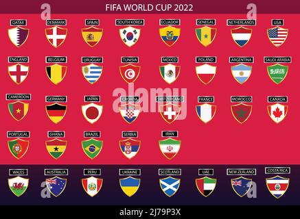 FIFA Fußball-Weltmeisterschaft Katar 2022. Qualifizierte Länder Schildflaggen Vektor-Design mit Ländernamen. Vektorgrafik EPS 10 Stock Vektor