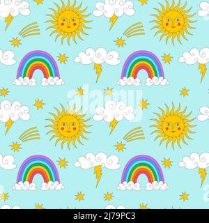 Nahtloses Muster mit Wolken, Regenbogen, Sonne. Niedliche Elemente mit einem Umriss im Retro-Vintage-Stil. Ideal für Kinder- und Heimtextilien, Farbvektor Stock Vektor