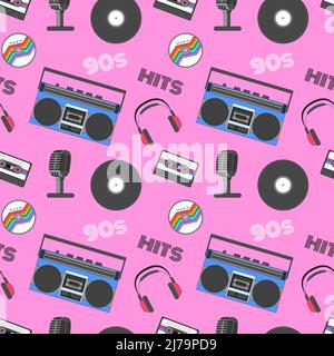 Nahtloses Muster mit Retro-Technik und Symbolen der 90s. Boombox, Audiokassette, Schallplatte, Kopfhörer, Mikrofon. Ideal für Textilien und wra Stock Vektor