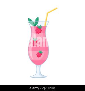 Sommercocktail am Strand. Ein erfrischendes Getränk mit Himbeeren in einem transparenten Cocktailglas mit Stroh und Blättern. Gesundes Getränk in Cartoon s Stock Vektor