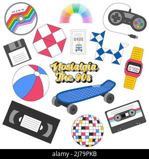 Eine Reihe von Retro-Symbole der 90s. Skateboard, Disco Ball, CD, Puzzle, elektronische Armbanduhr, Diskette. Nostalgie für die neunziger Jahre. Vektorgrafik Stock Vektor